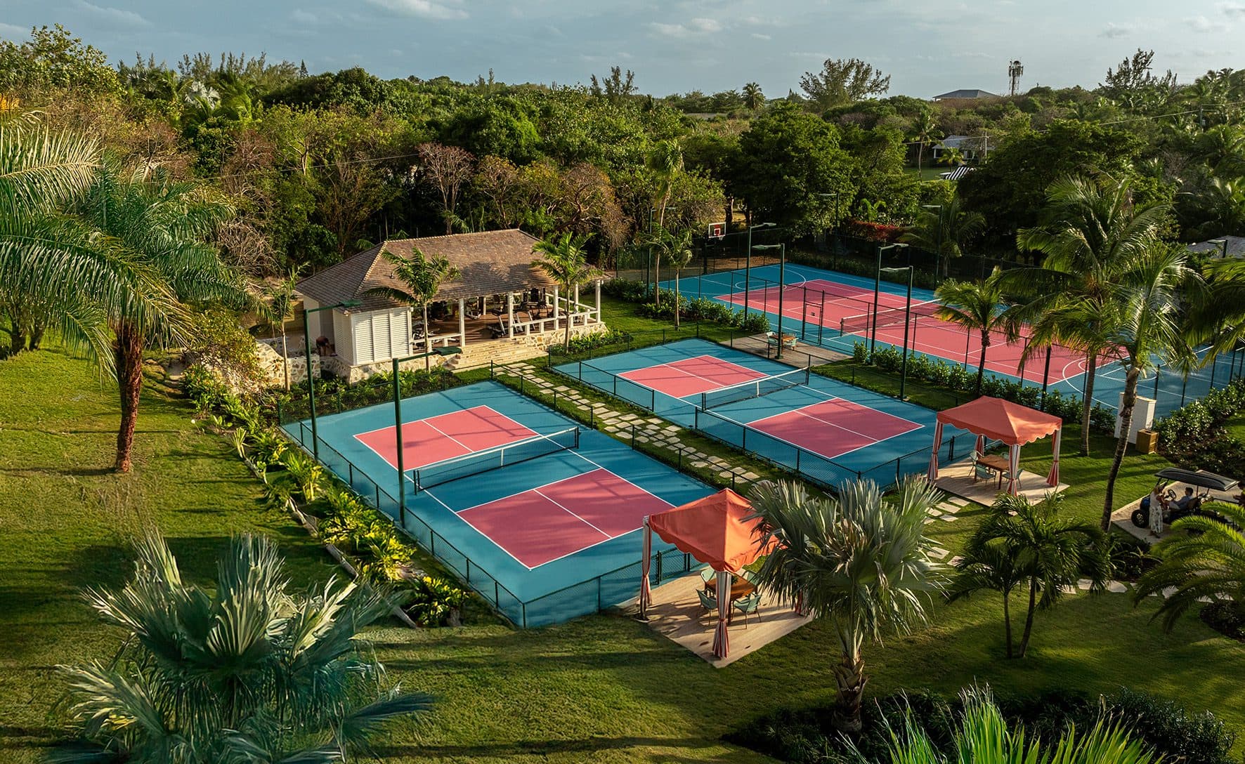 fitness center and pickleball and tennis courts