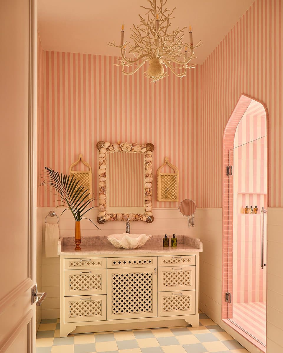 pink striped bathroom