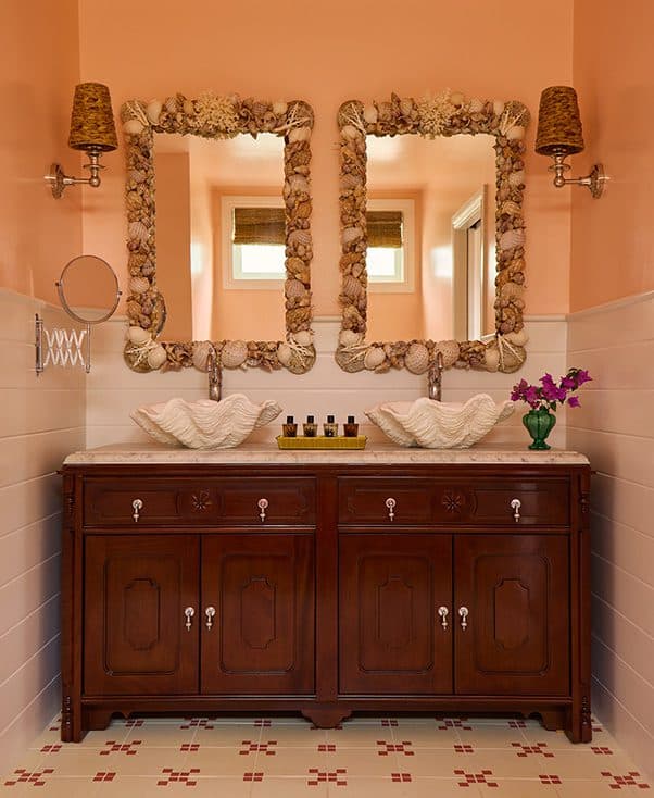 double vanity with shell-covered mirrors